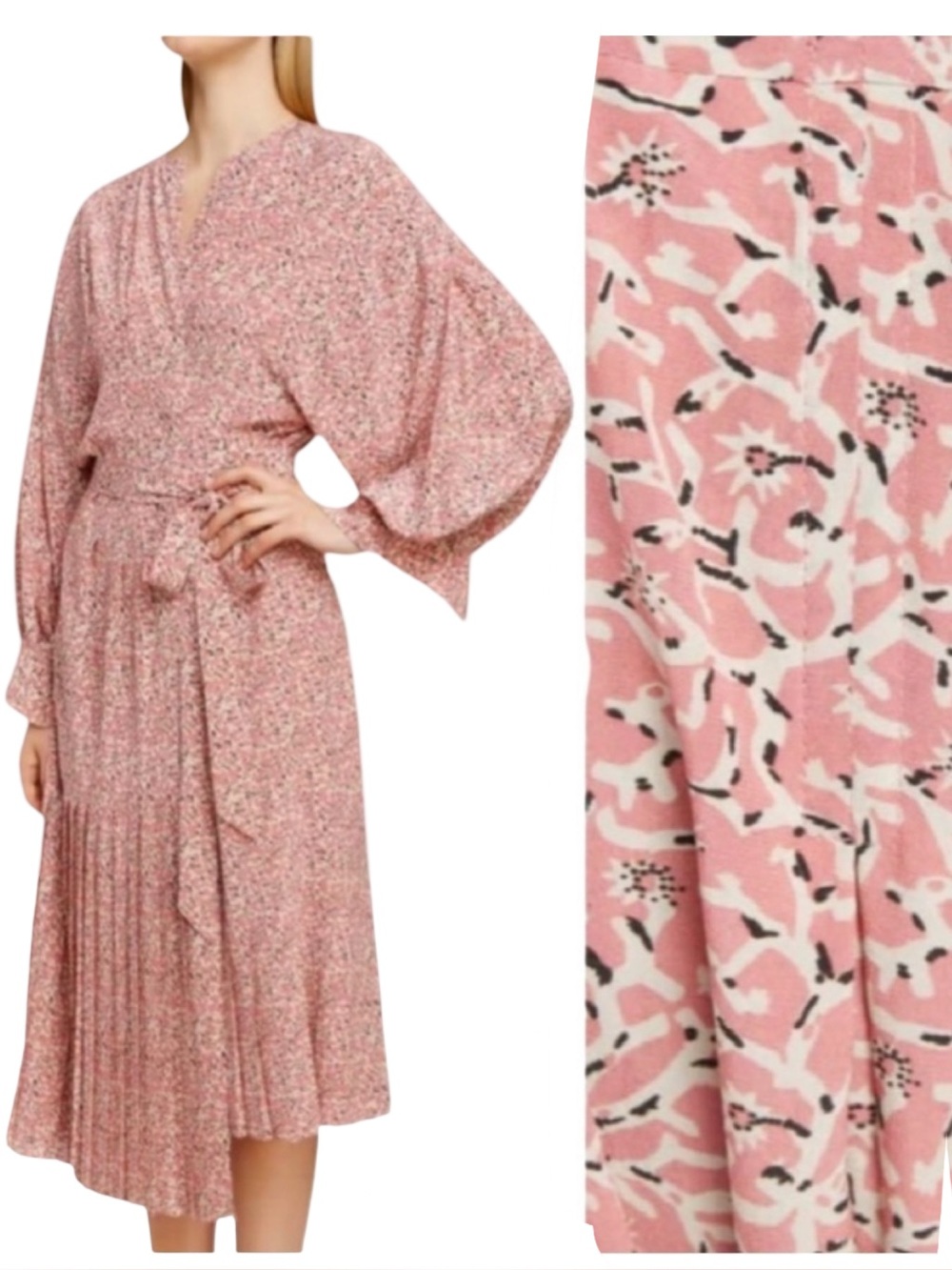 NWT ISABEL MARANT Alexandra Silk Pink Floral Print Midi Wrap Dress Pleated 38/6